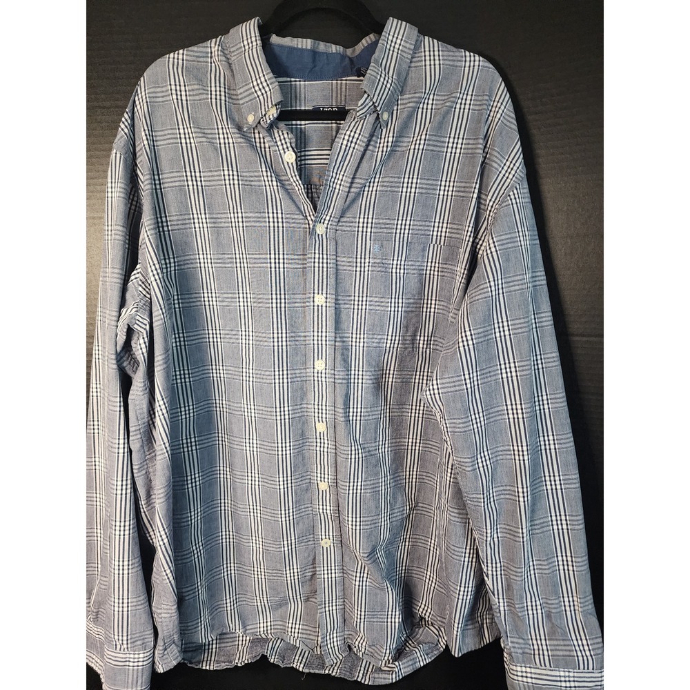 IZOD Mens 2XLT Blue White Plaid Long Sleeve Button Down Cotton Shirt Big & Tall